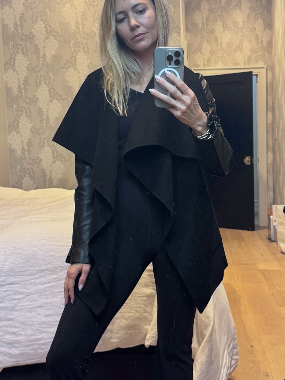 BCBGMaxAzria Black Draped Waterfall Coat with Faux Leather Sleeves